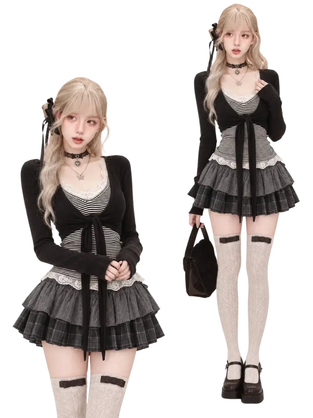 Black and white striped tiered skirt with lace trim and plaid overlay in y2k crop top and mini skirt set for height 160-165cm size