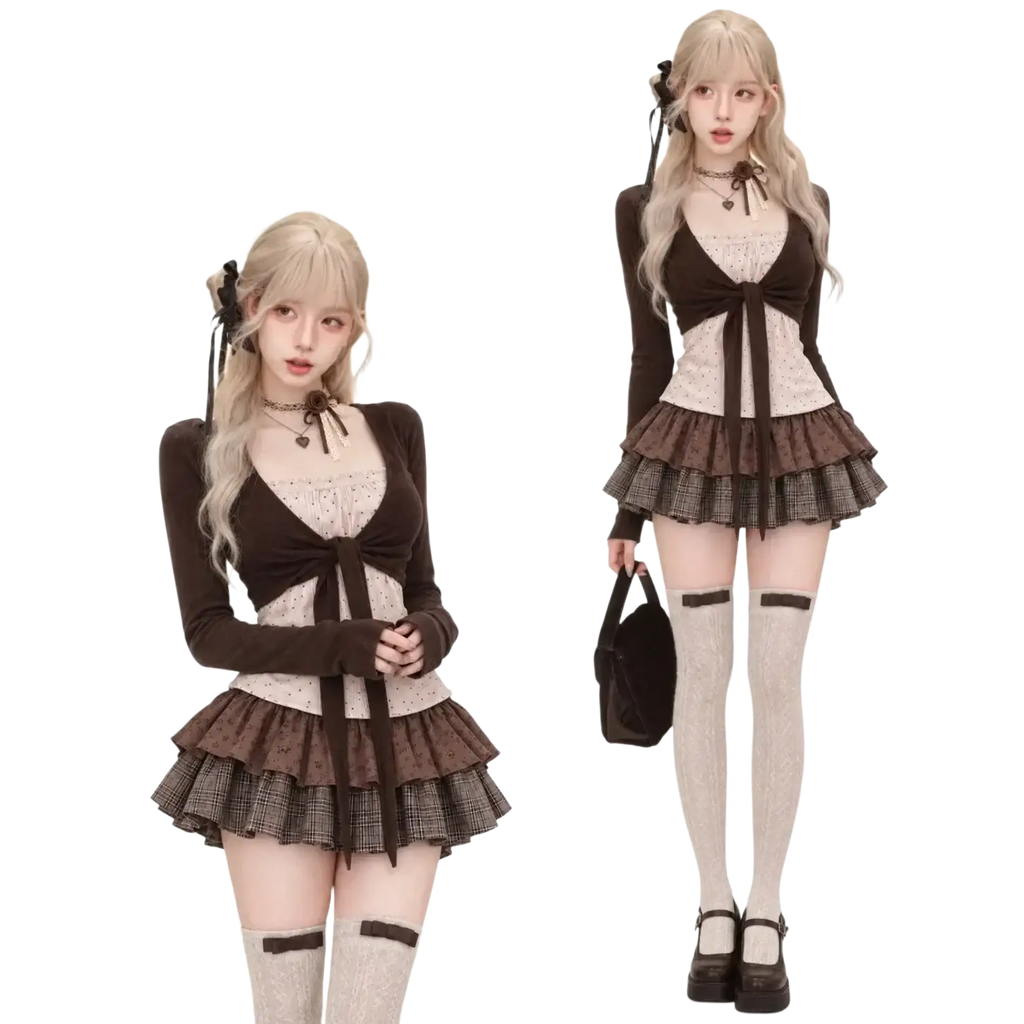 Brown and cream layered ruffle plaid mini skirt in y2k crop top and mini skirt set for height 160-165cm size