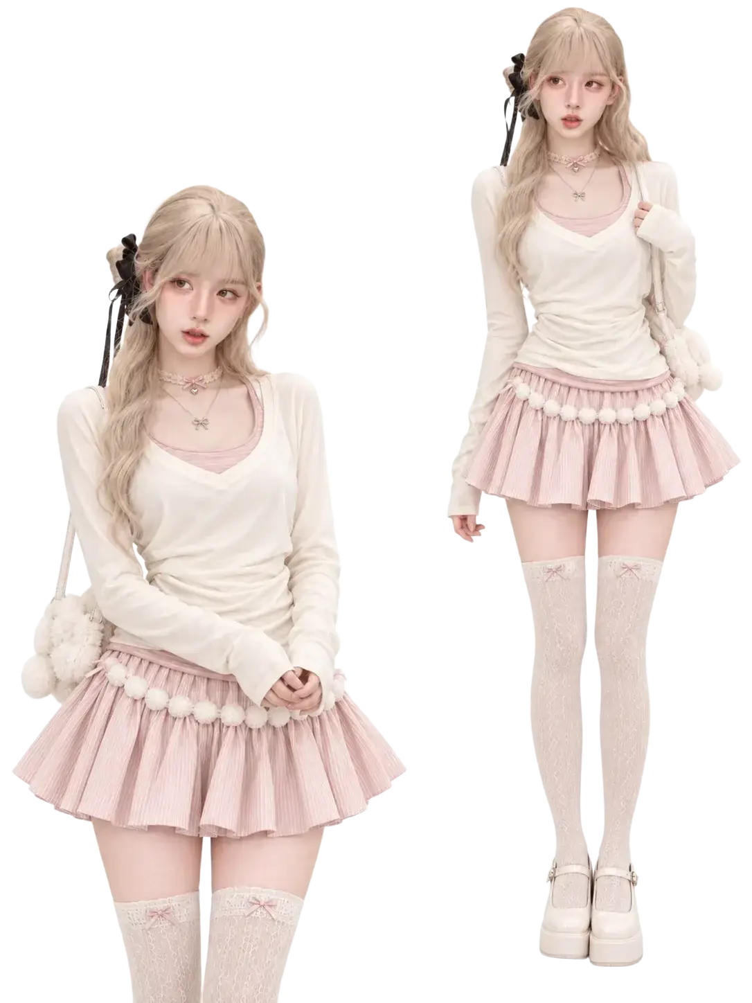 Pastel pink pleated mini skirt with white pom-pom trim and matching lace-up thigh-high socks for height 160-165cm size