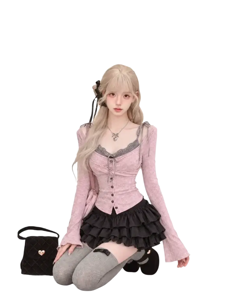 Pink lace-trimmed corset top with button front and long sleeves for 160-165cm size in y2k crop top set