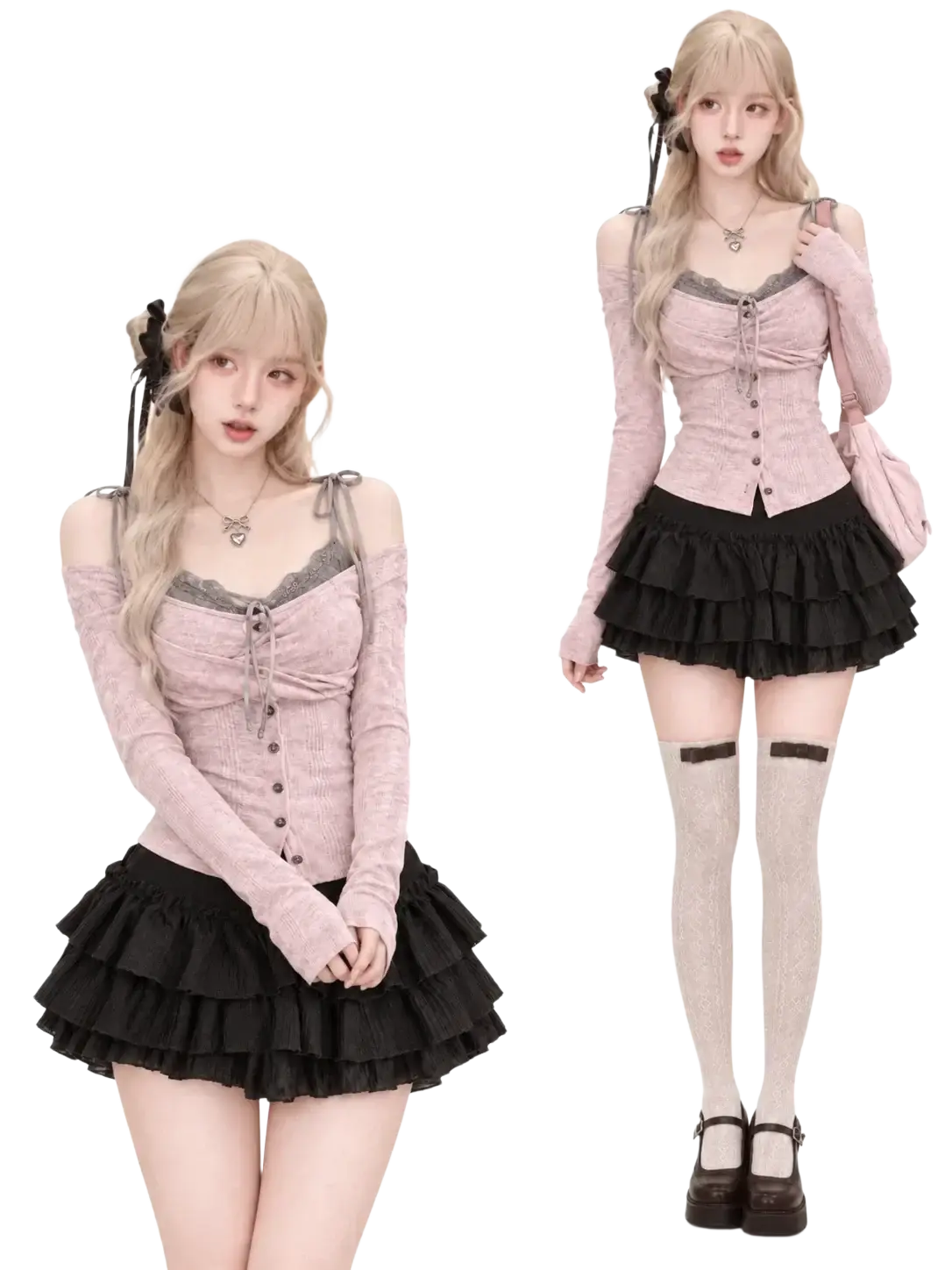 Pink lace-trimmed corset top with button-front and sheer long sleeves in y2k crop top for height 160-165cm size