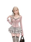 Pink long-sleeved corset top with lace trim and button front in y2k crop top set for height 160-165cm size