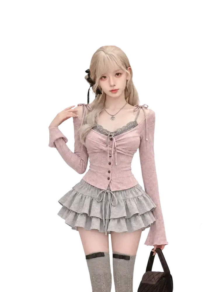 Pink long-sleeved corset top with lace trim and button front in y2k crop top set for height 160-165cm size