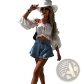 White off-the-shoulder ruffled crop top with puffy sleeves paired with y2k denim mini skirt high waist streetwear