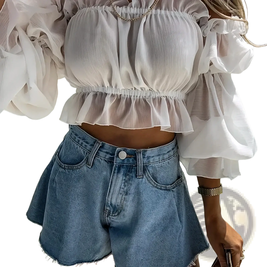 A sheer off-white ruffled crop top with puffy sleeves paired with a y2k denim mini skirt high waist streetwear style