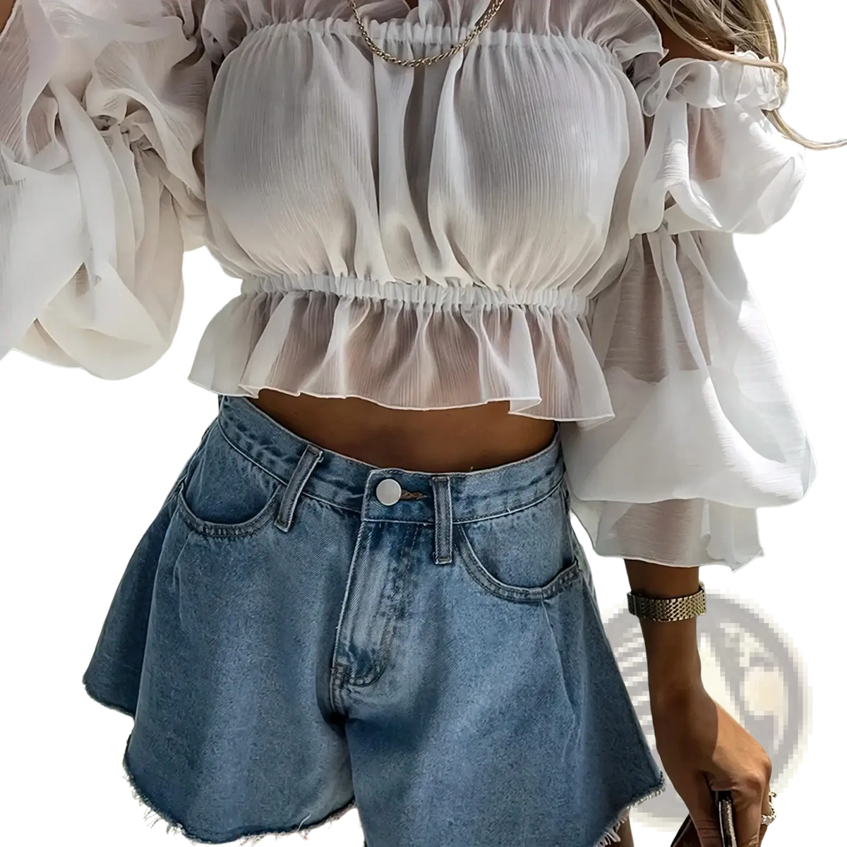 A sheer off-white ruffled crop top with puffy sleeves paired with a y2k denim mini skirt high waist streetwear style
