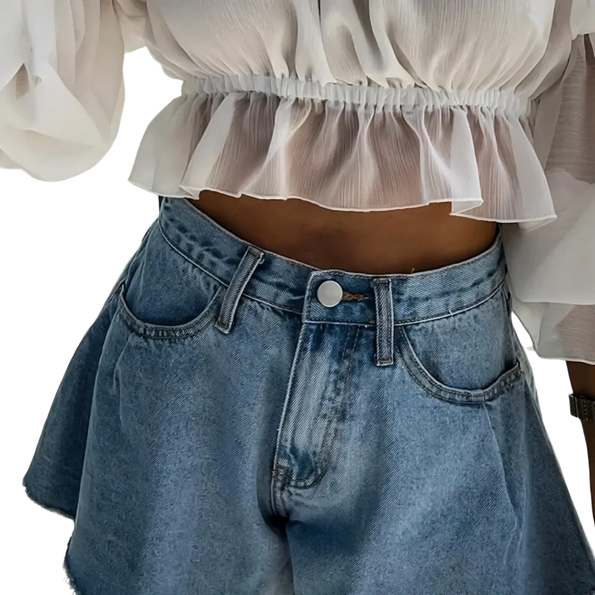 High-waisted faded blue denim mini skirt with frayed hem in y2k streetwear style