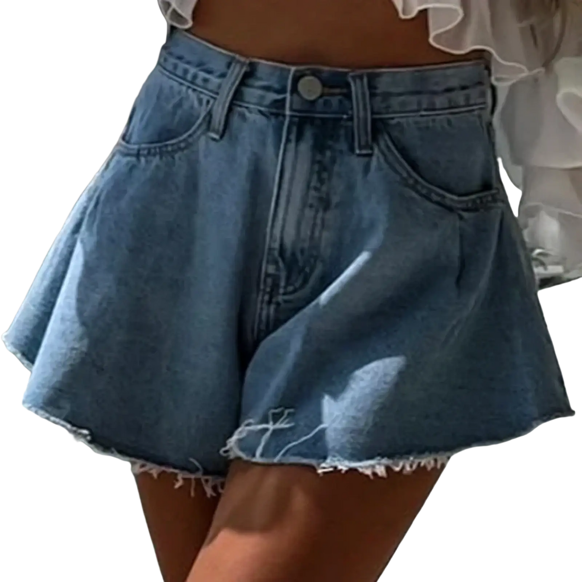 High-waisted y2k denim mini skirt in medium blue wash with frayed hem and classic stitching for streetwear