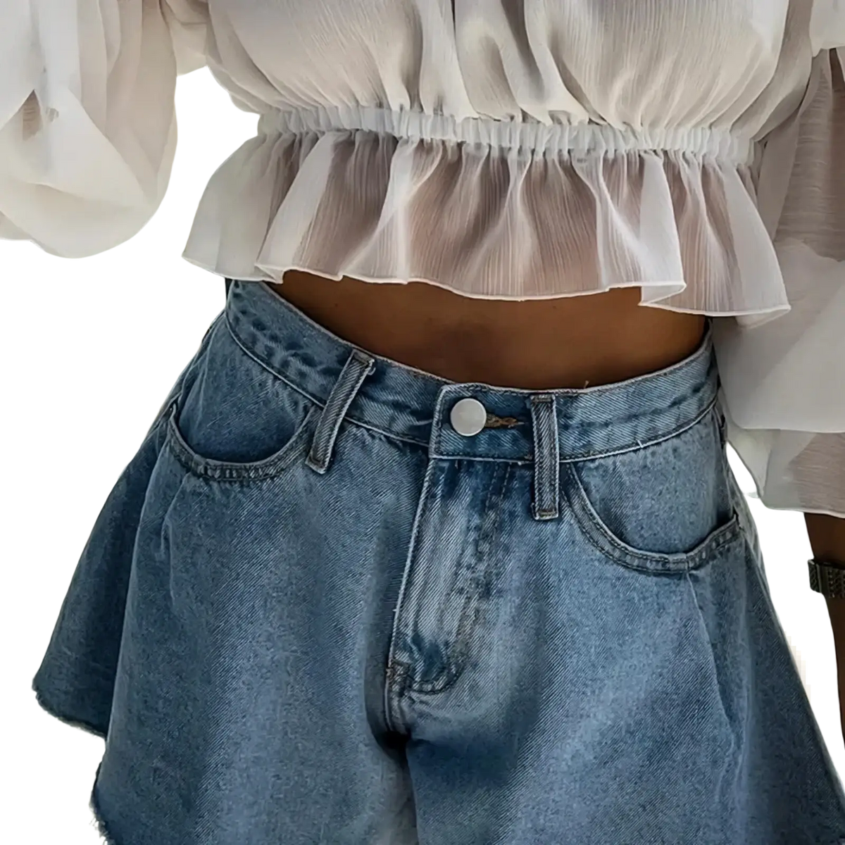 High-waisted faded blue denim mini skirt with frayed hem in y2k streetwear style