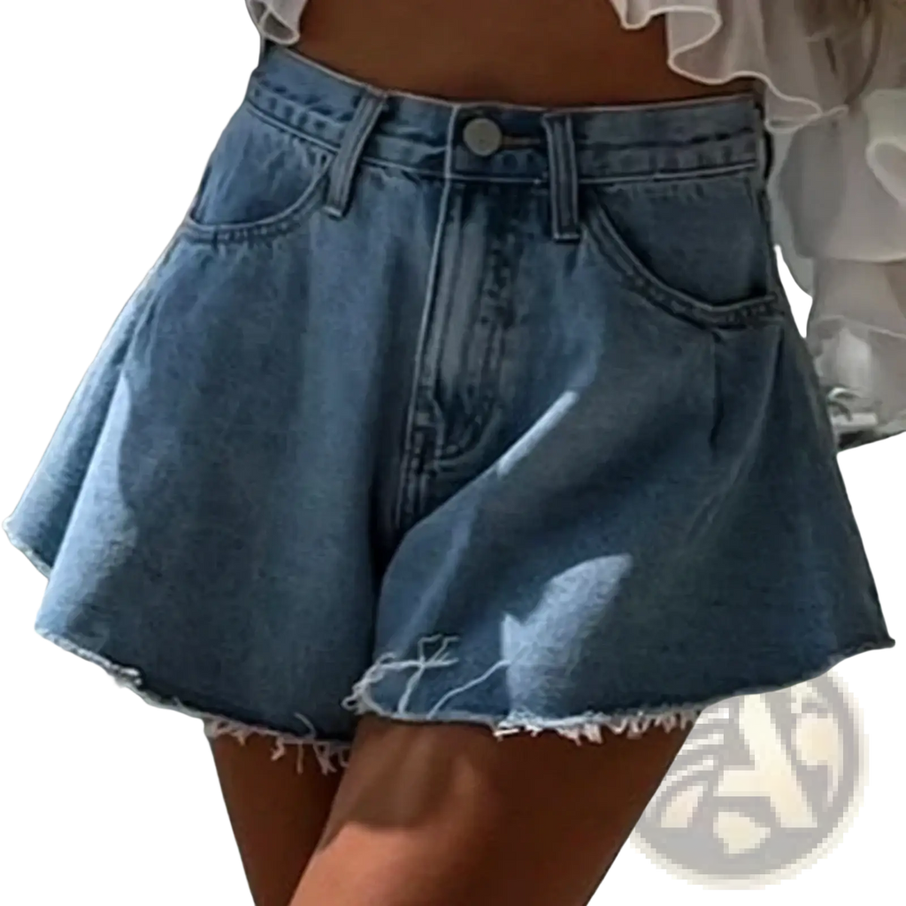 High waist y2k denim mini skirt in medium blue wash with frayed hem and classic stitching for streetwear