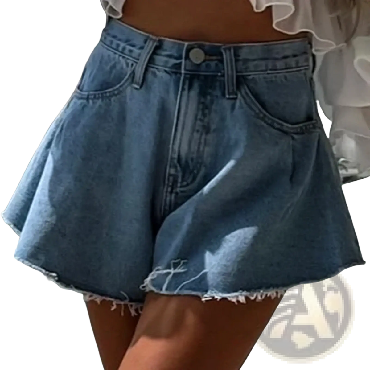 High waist y2k denim mini skirt in medium blue wash with frayed hem and classic stitching for streetwear