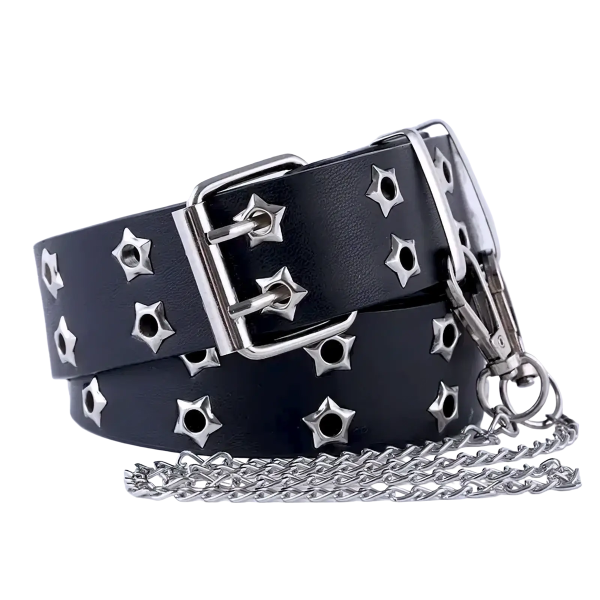 Black leather y2k double grommet punk belt with silver star studs metal buckle and attached chain for crossbody wear