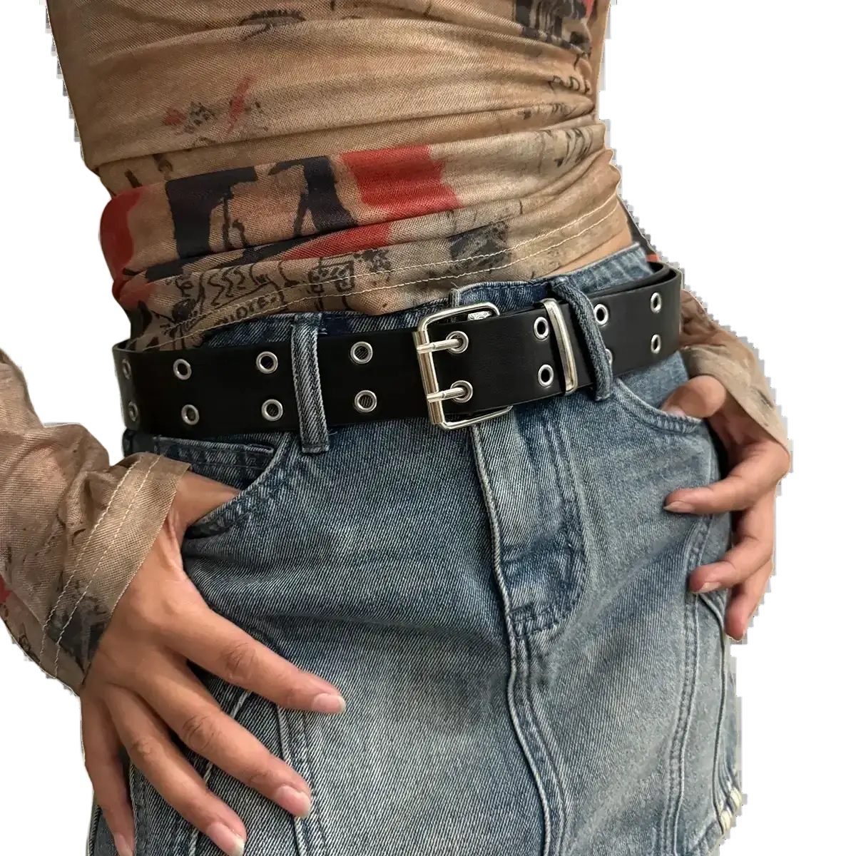 Black leather y2k double grommet punk belt with silver-toned buckle and eyelets for edgy fashion style