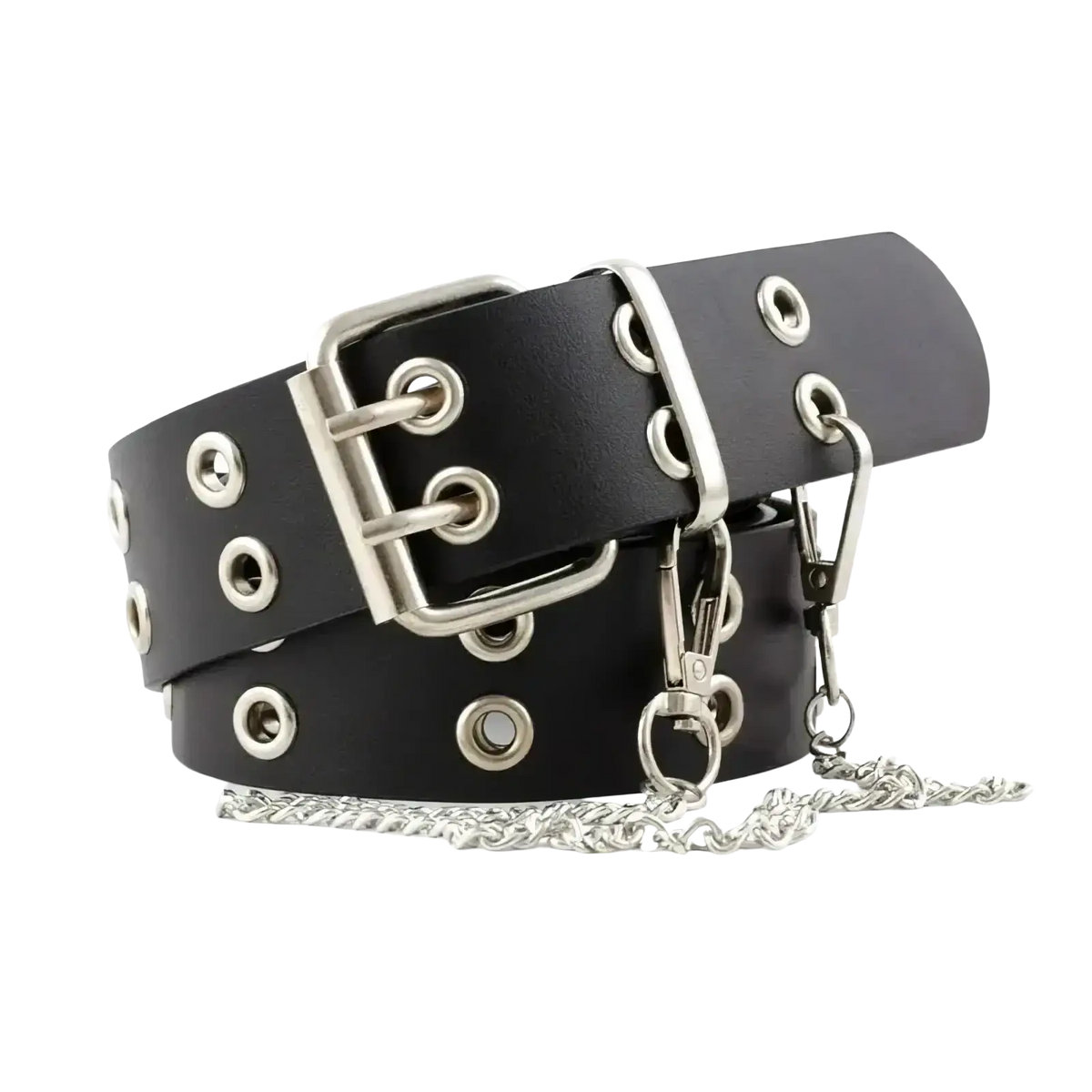 Y2k double grommet black leather belt with silver buckle and detachable chain strap for punk style outfits