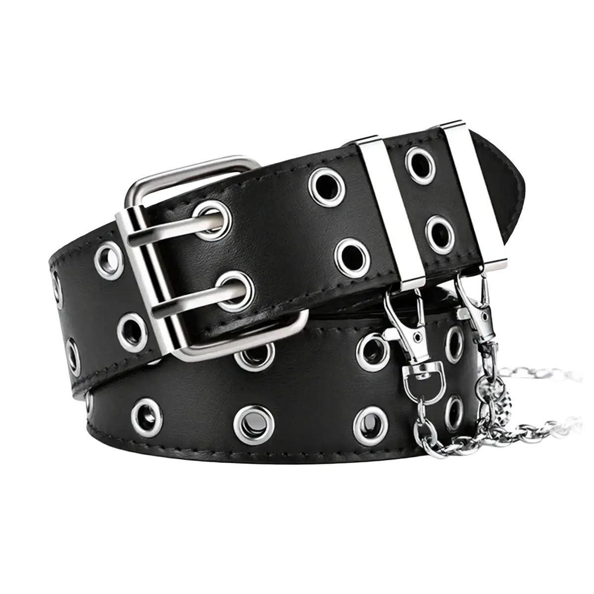 Black leather y2k double grommet punk belt with silver-toned buckle and eyelets for edgy fashion looks