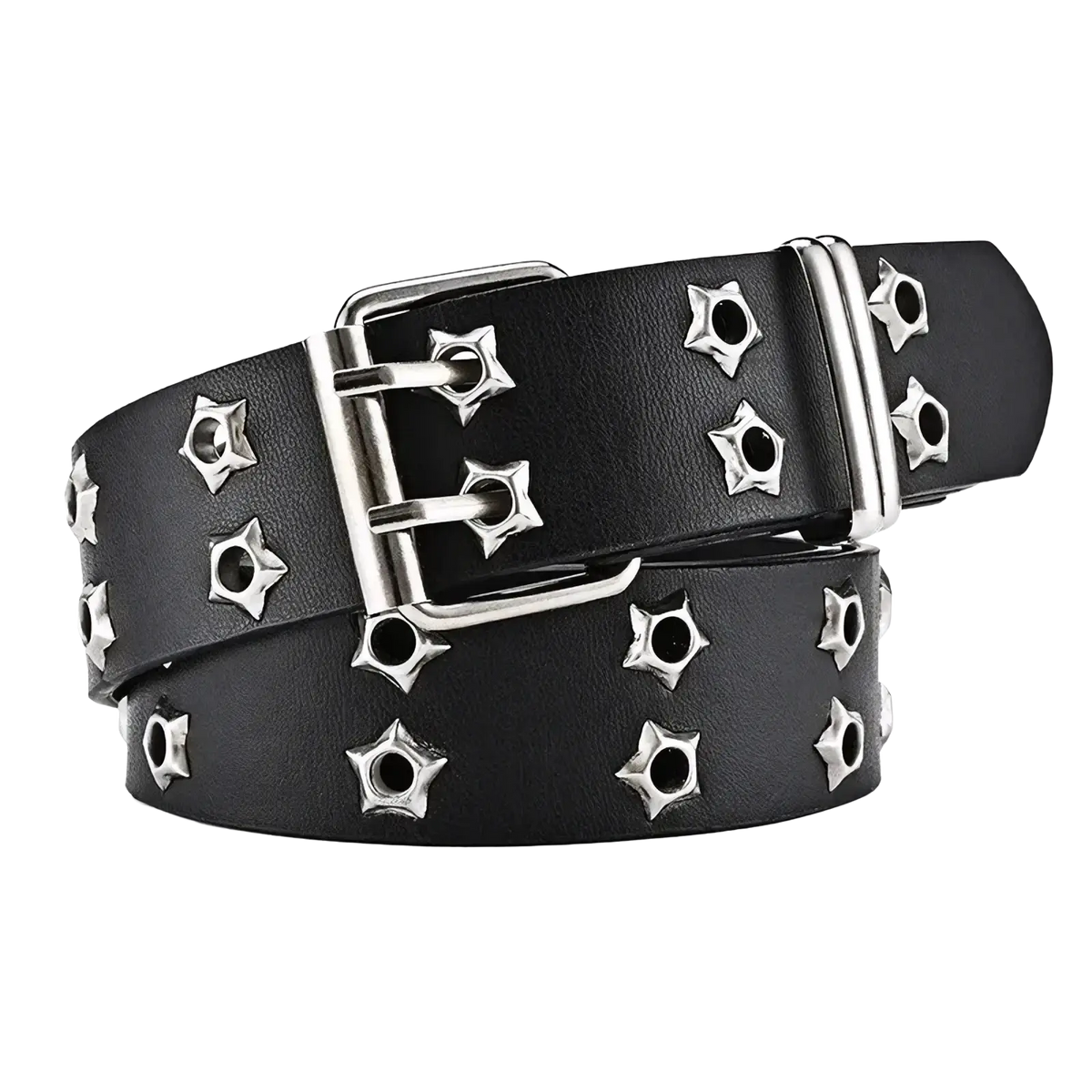 Black leather y2k double grommet punk belt with silver star-shaped studs and matching silver buckle visible from front