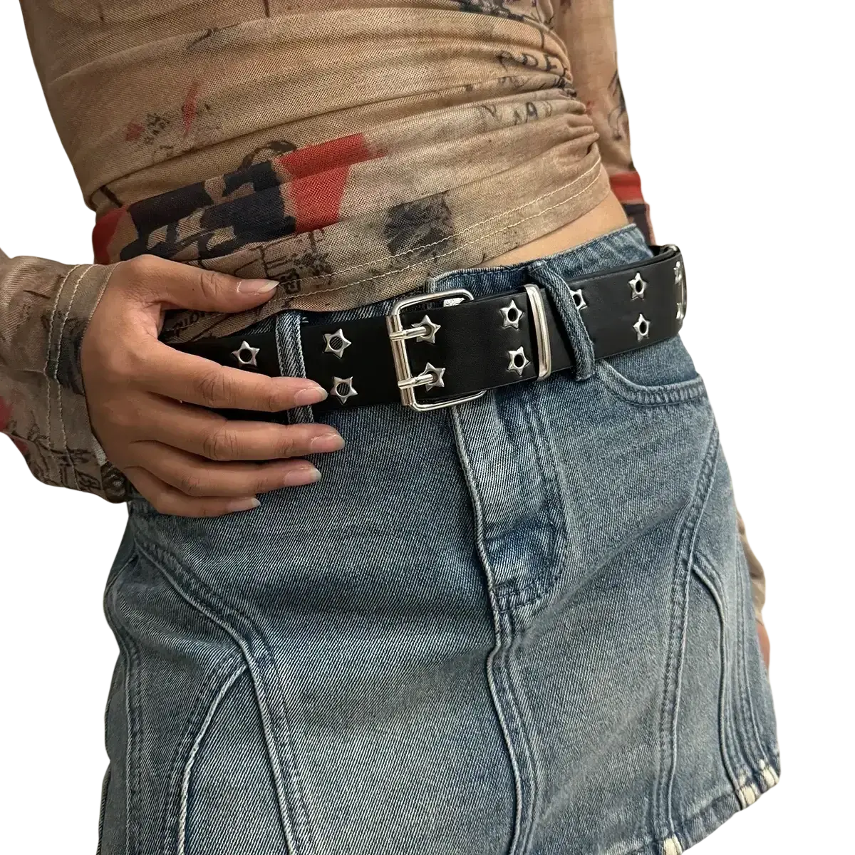 Black leather y2k double grommet punk belt with silver star studs and a double-pronged buckle