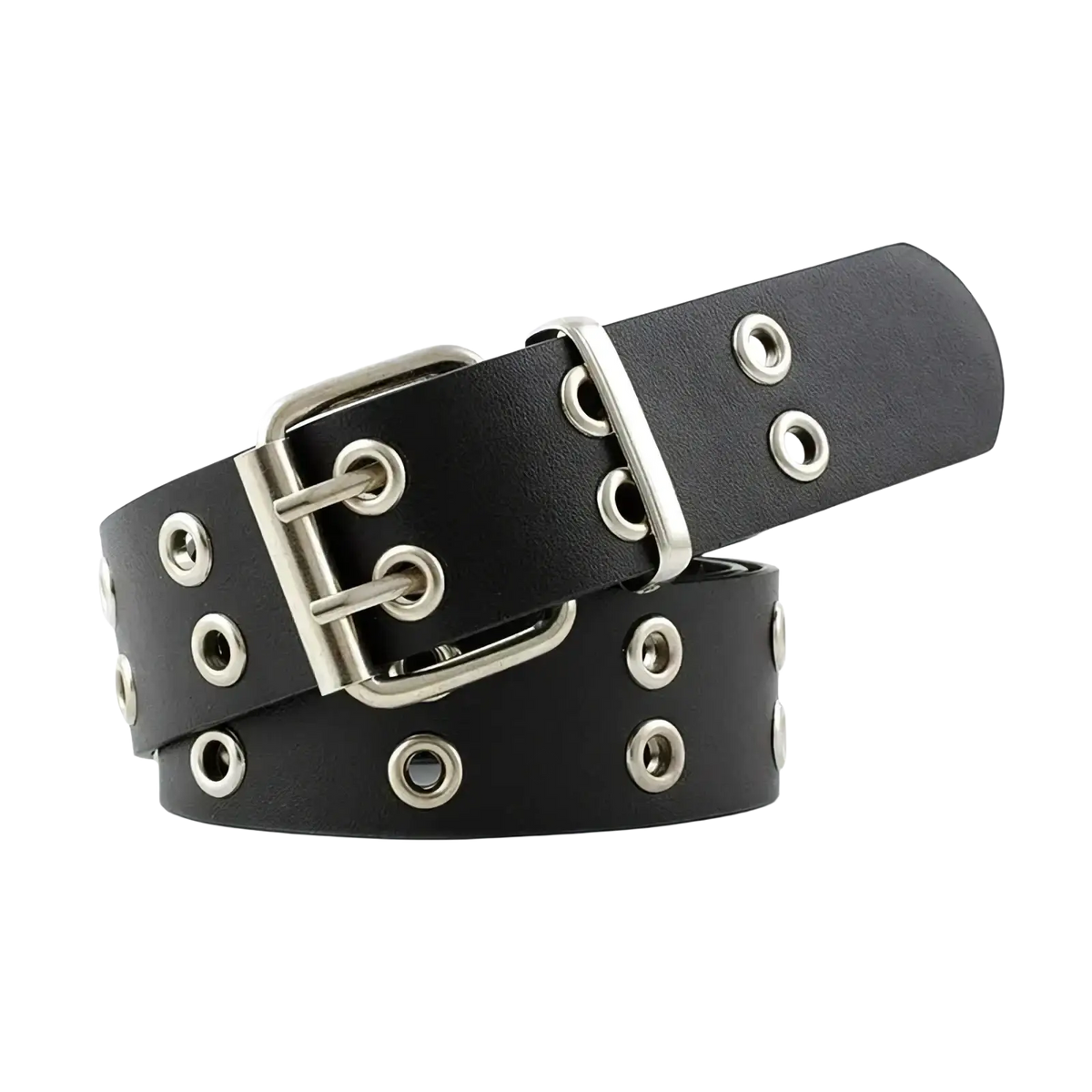 Black leather Y2k double grommet punk belt with silver-toned metal eyelets and buckle