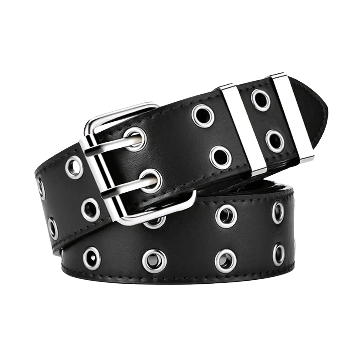Black leather Y2k double grommet punk belt with silver-toned metal buckle and eyelets for edgy fashion use