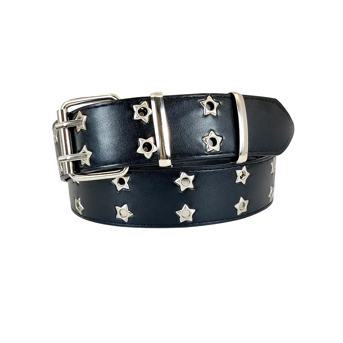 Black leather y2k double grommet punk belt with silver star studs and matching metallic buckle
