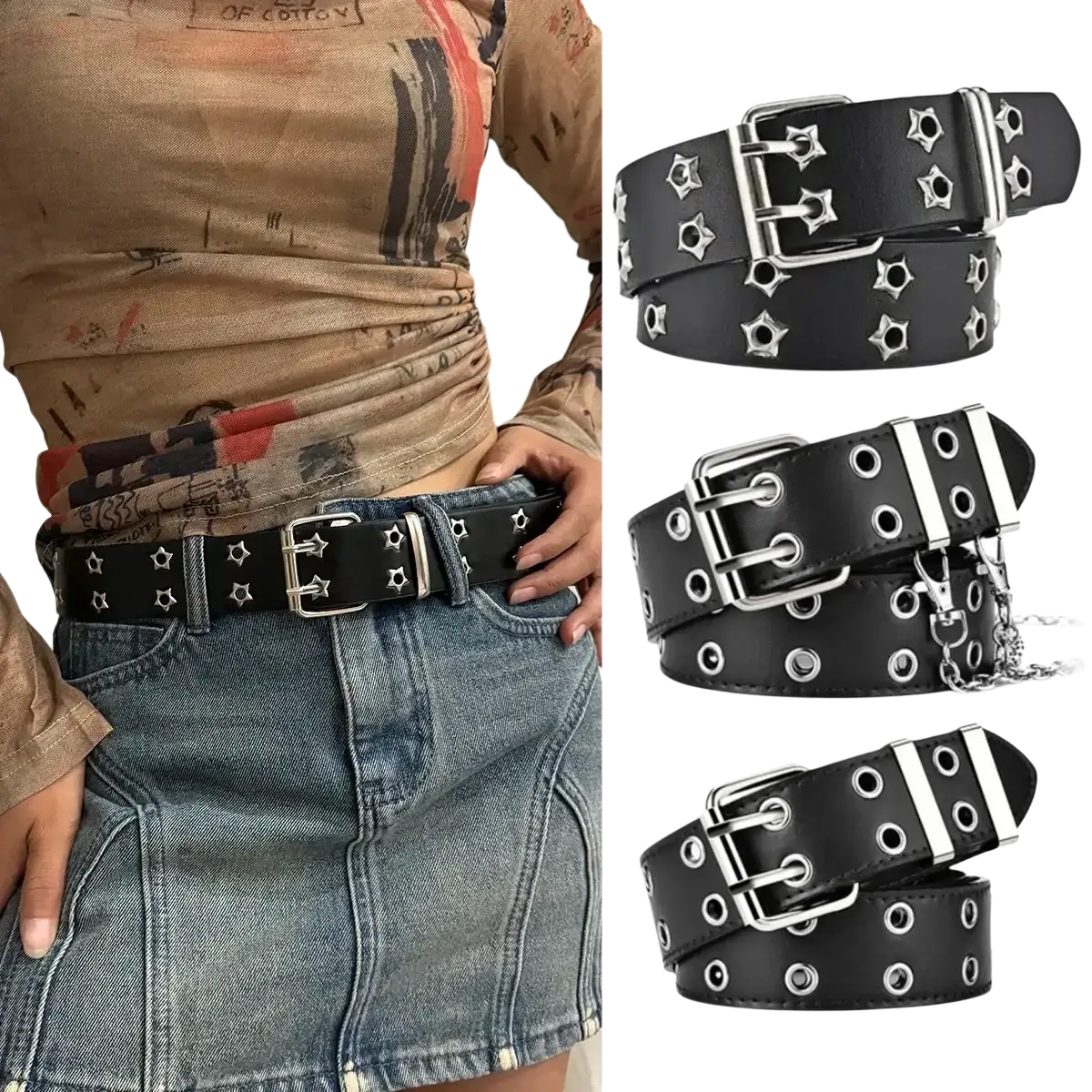 Black leather y2k double grommet punk belt with silver star studs and matching silver buckle