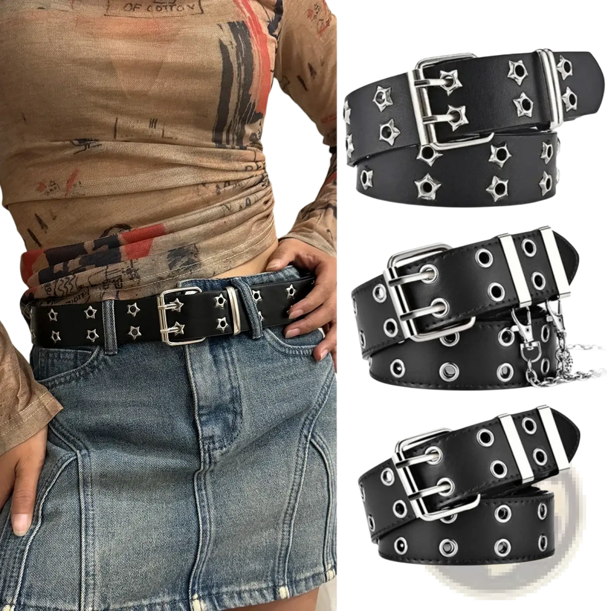 Black leather Y2k double grommet punk belt with silver star-shaped studs and matching metal buckle