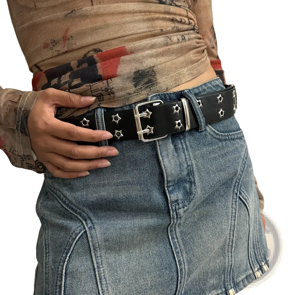 Black leather Y2k double grommet punk belt with silver star-shaped studs and a rectangular buckle
