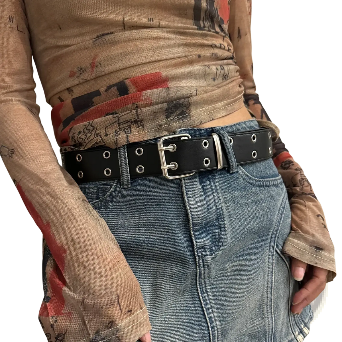 Black leather y2k double grommet punk belt with silver-toned double-prong buckle and circular eyelets