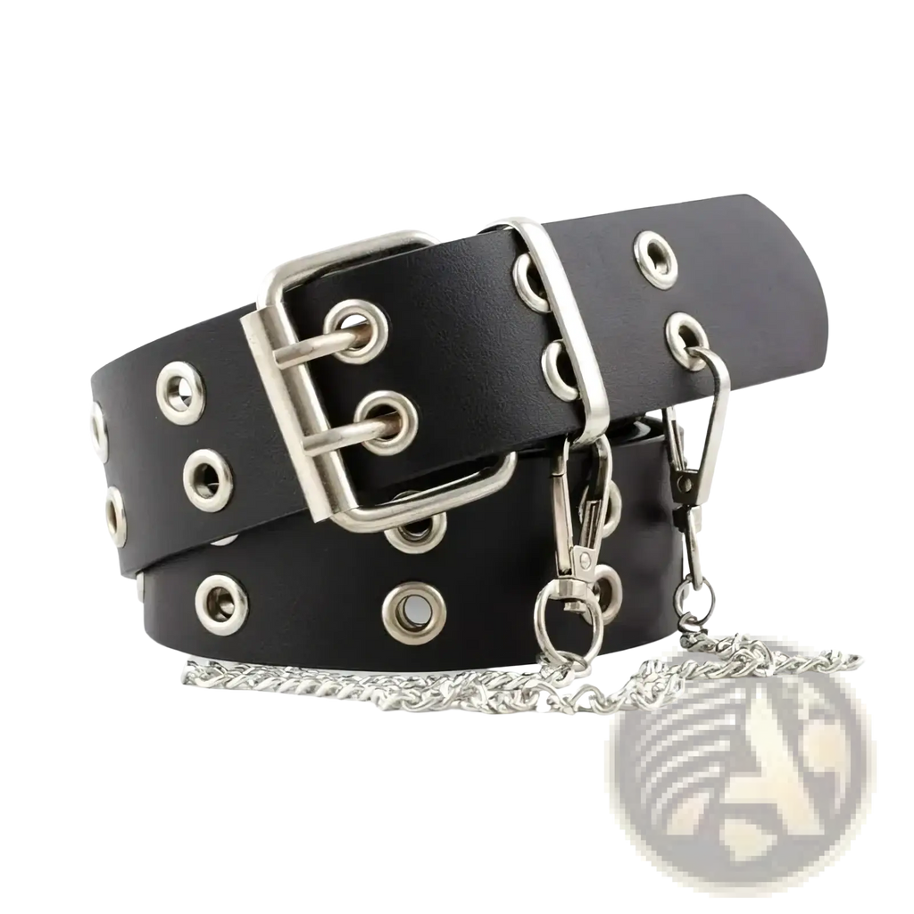 Black leather y2k double grommet punk belt with silver metal buckle eyelets and detachable chain strap