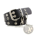 Black leather y2k double grommet punk belt with silver metal buckle eyelets and detachable chain strap