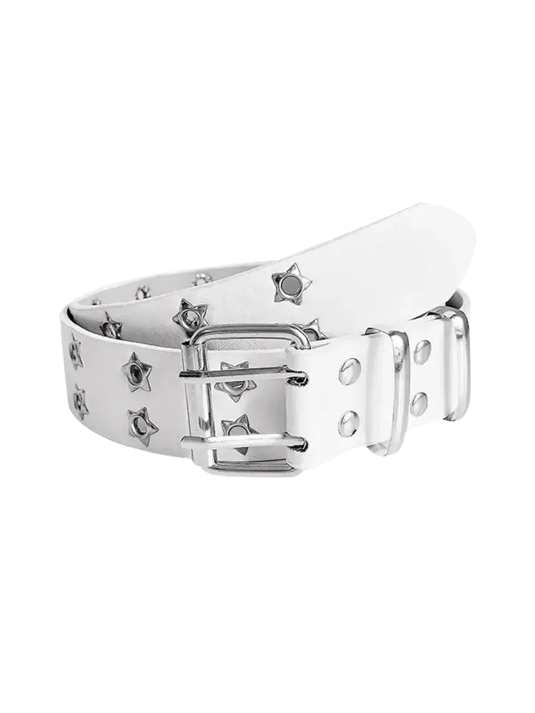White leather y2k double grommet punk belt with silver star studs and matching metallic buckle