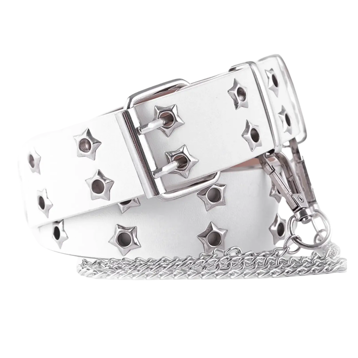 White y2k double grommet punk leather belt with silver star-shaped studs and matching chain strap