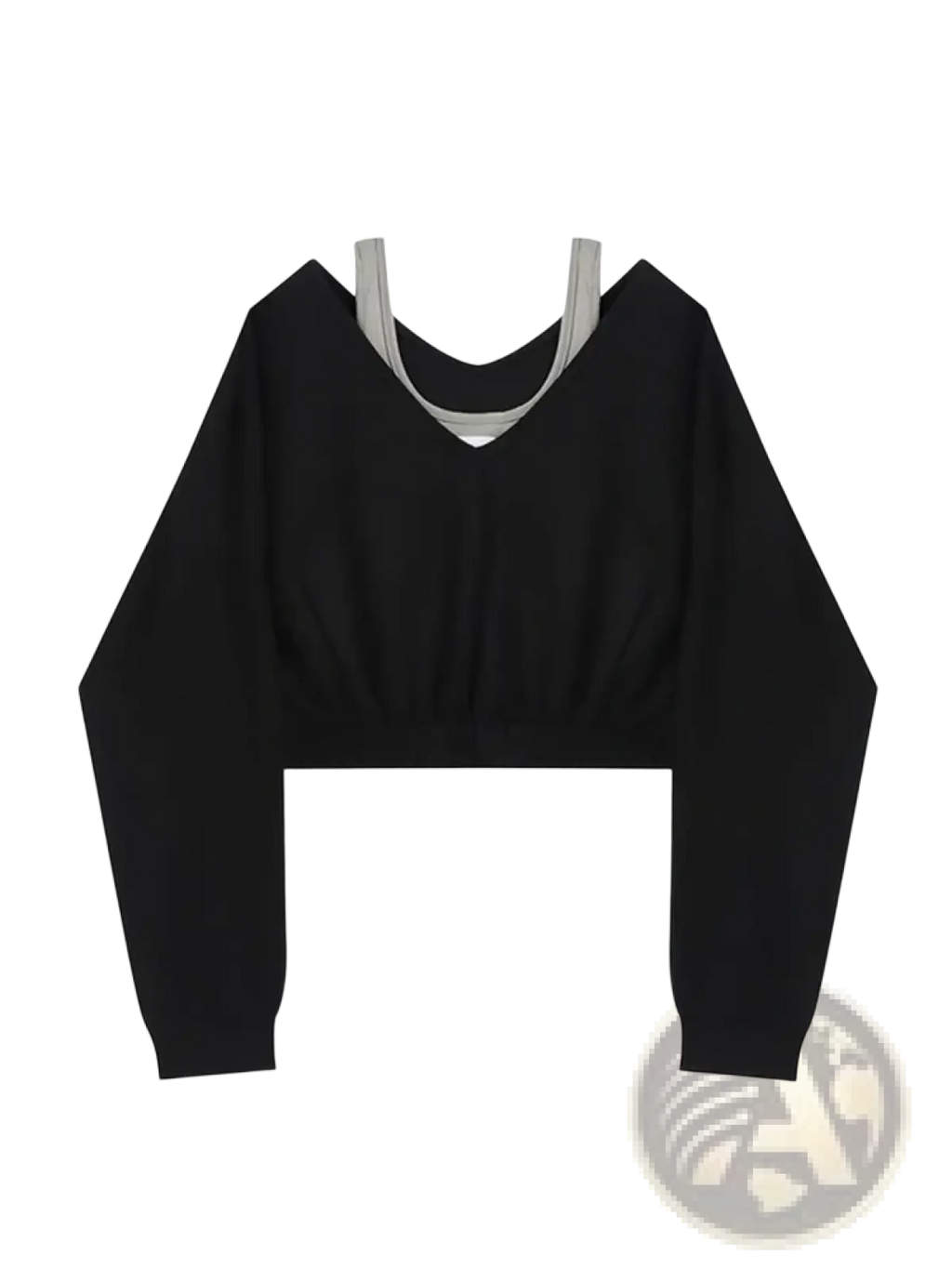 Black cropped long-sleeve top with gray inner layer v-neckline featuring cyanrose logo y2k fake two piece patchwork hoodie