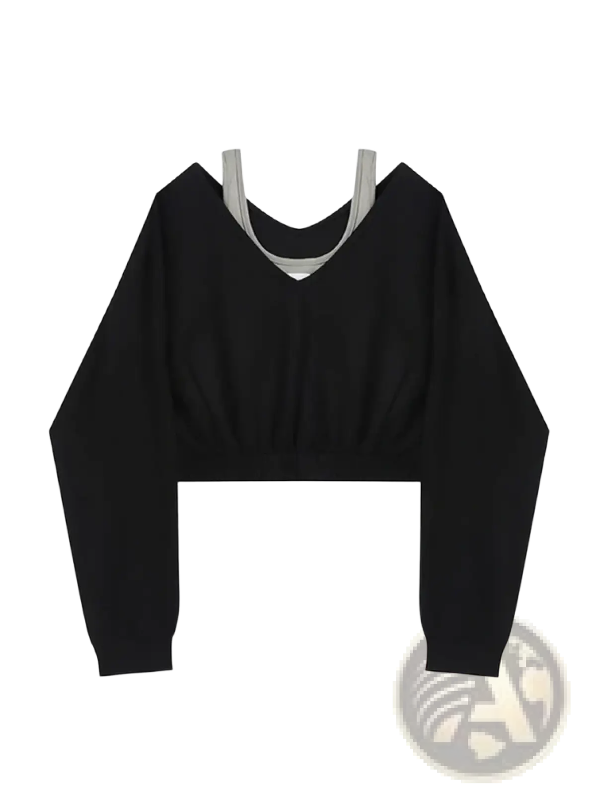 Black cropped long-sleeve top with gray inner layer v-neckline featuring cyanrose logo y2k fake two piece patchwork hoodie
