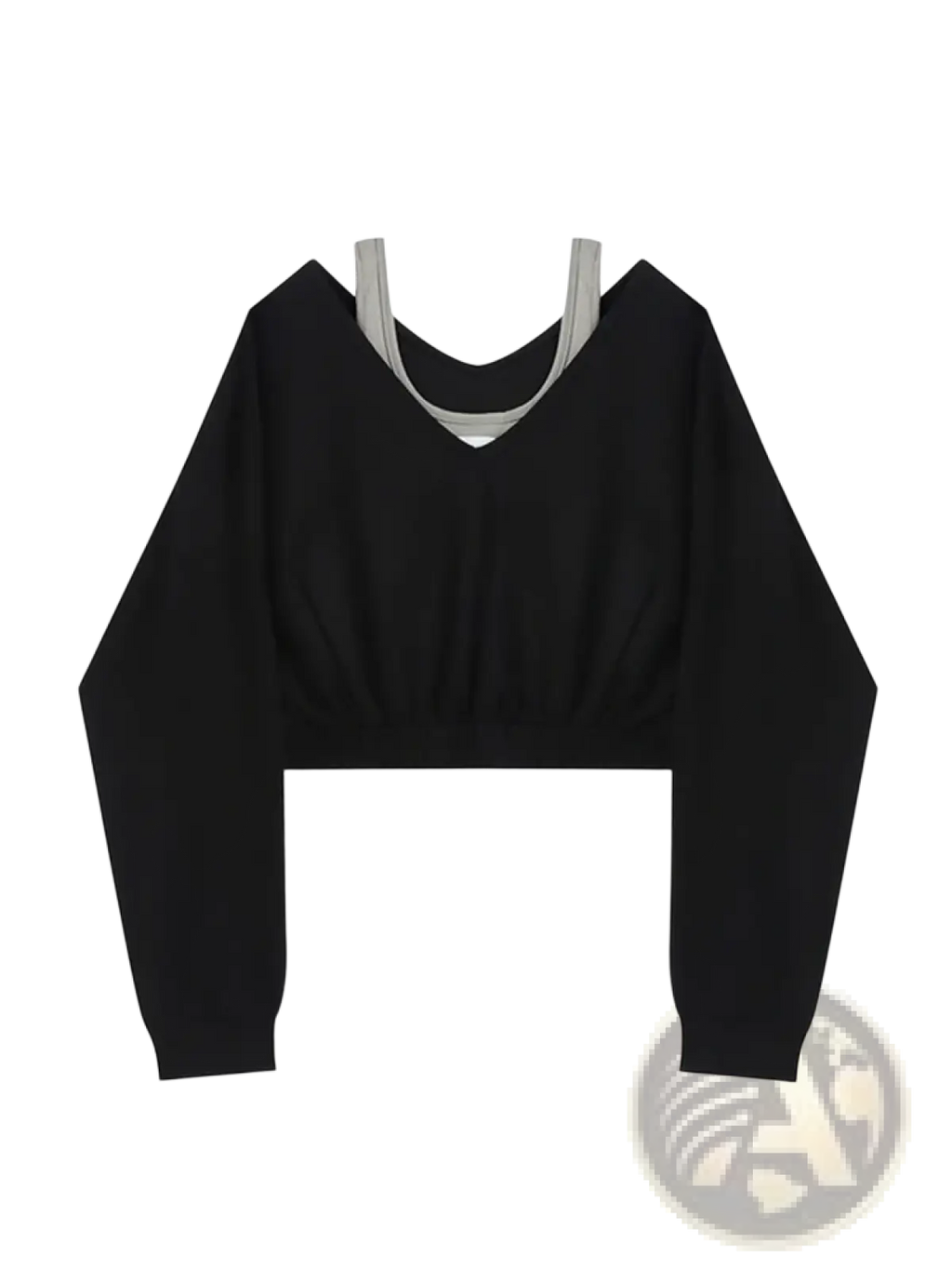 Black Y2k fake two piece patchwork cropped long sleeve sweatshirt with gray inner collar and ribbed cuffs