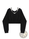 Black Y2k fake two piece patchwork cropped long sleeve sweatshirt with gray inner collar and ribbed cuffs