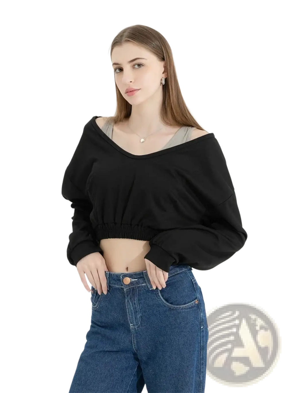 Black off-the-shoulder cropped top with puffed sleeves and gathered waistband in y2k fake two piece patchwork hoodie style