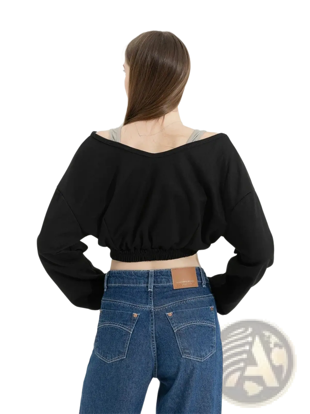 Black y2k off-the-shoulder cropped sweater with long sleeves and ribbed waistband in a fake two piece patchwork style
