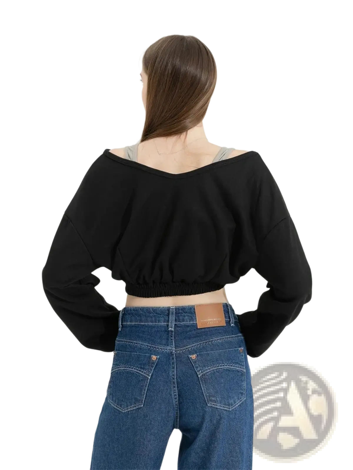 Black y2k off-the-shoulder cropped sweater with long sleeves and ribbed waistband in a fake two piece patchwork style