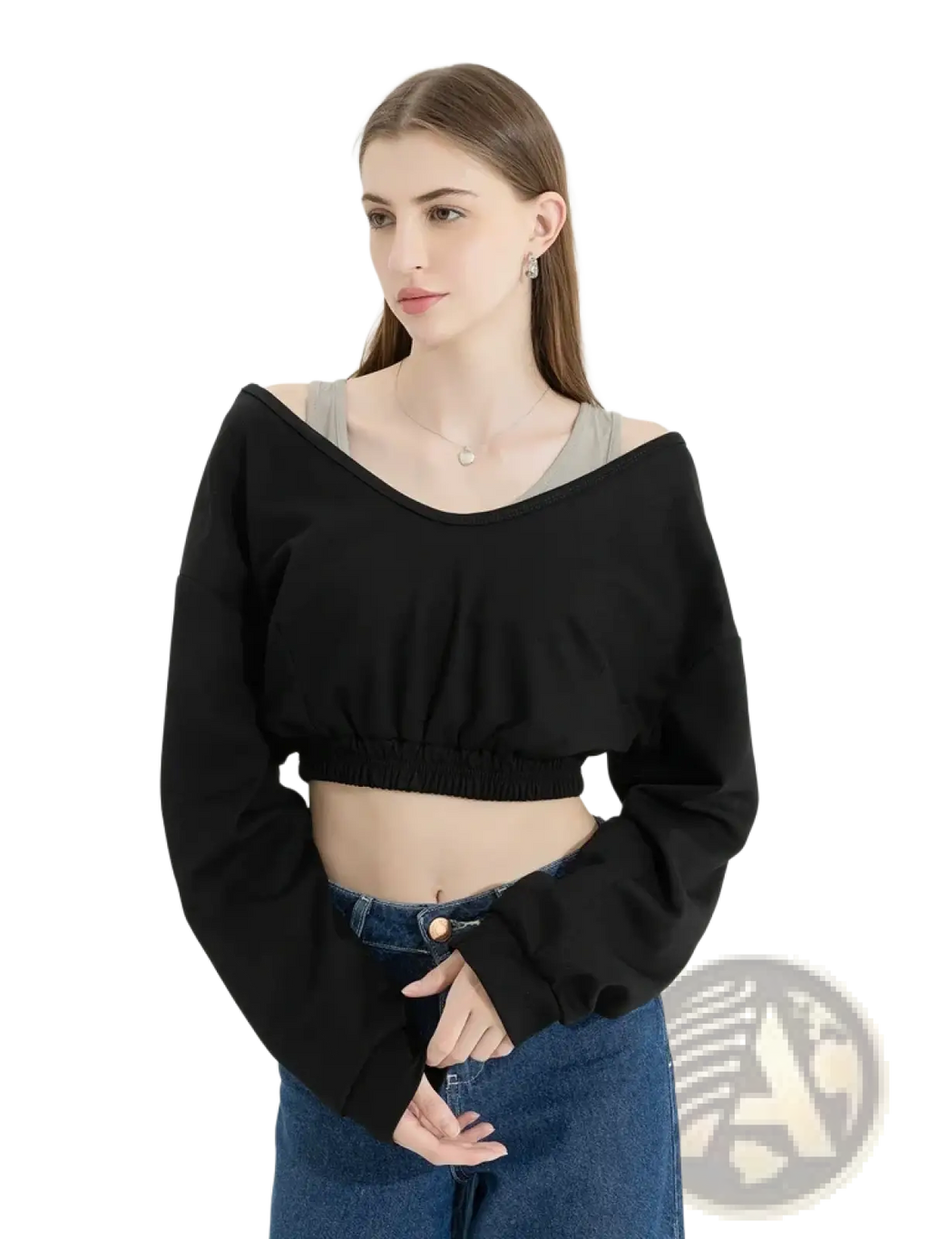 Black off-the-shoulder cropped sweatshirt with elastic waistband and long sleeves in y2k fake two piece patchwork style