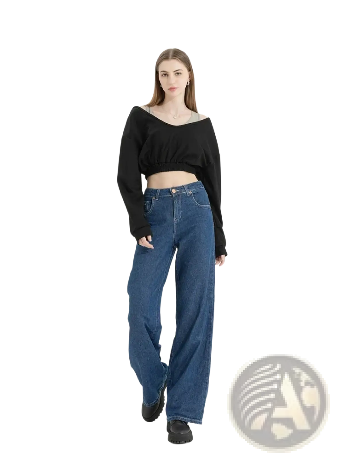 Blue denim wide-leg jeans with classic five-pocket design and button closure paired with y2k fake two piece patchwork cropped hoodie