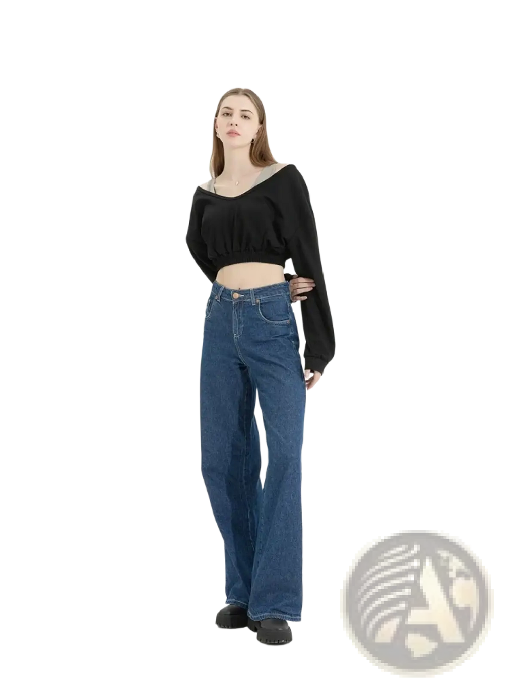 High-waisted blue denim flare jeans with classic five-pocket design and button closure paired with y2k patchwork cropped hoodie