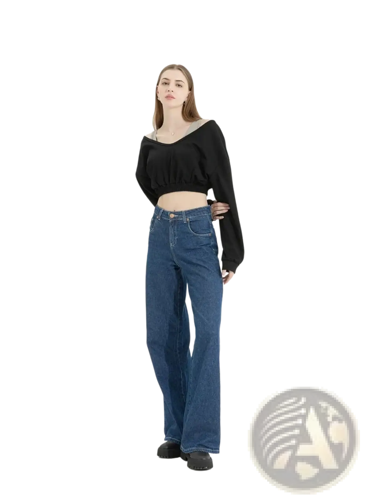 High-waisted blue denim flare jeans with classic five-pocket design and button closure paired with y2k patchwork cropped hoodie