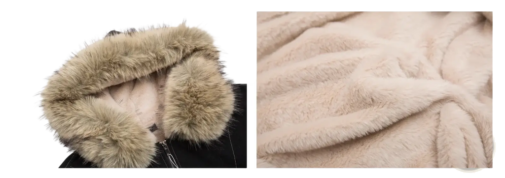 Beige y2k faux fur hooded winter parka with plush textured interior and soft fluffy exterior for cold weather use