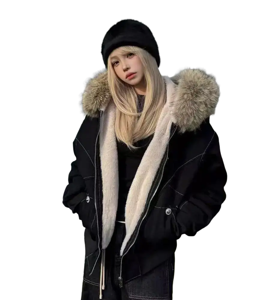 Black y2k faux fur hooded winter parka with cream shearling lining and large fur-trimmed hood for cold weather
