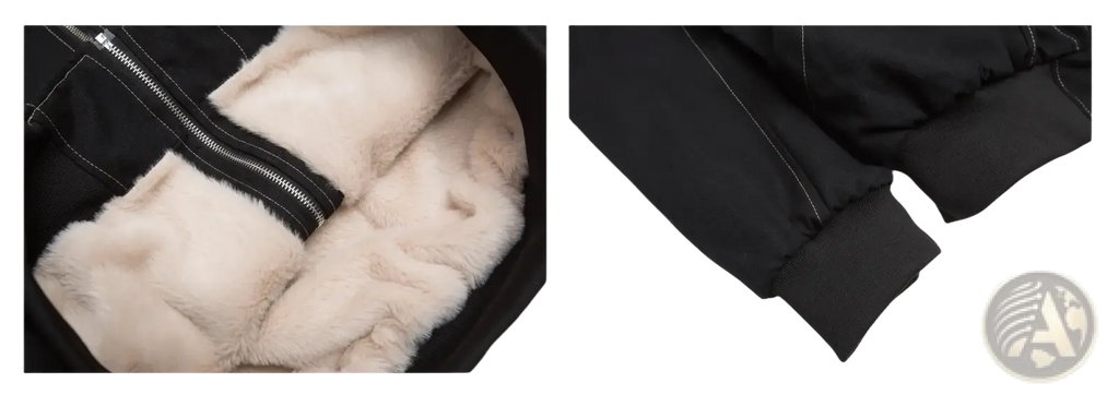 Black bomber jacket with plush beige fur lining and ribbed cuffs in y2k faux fur hooded winter parka style