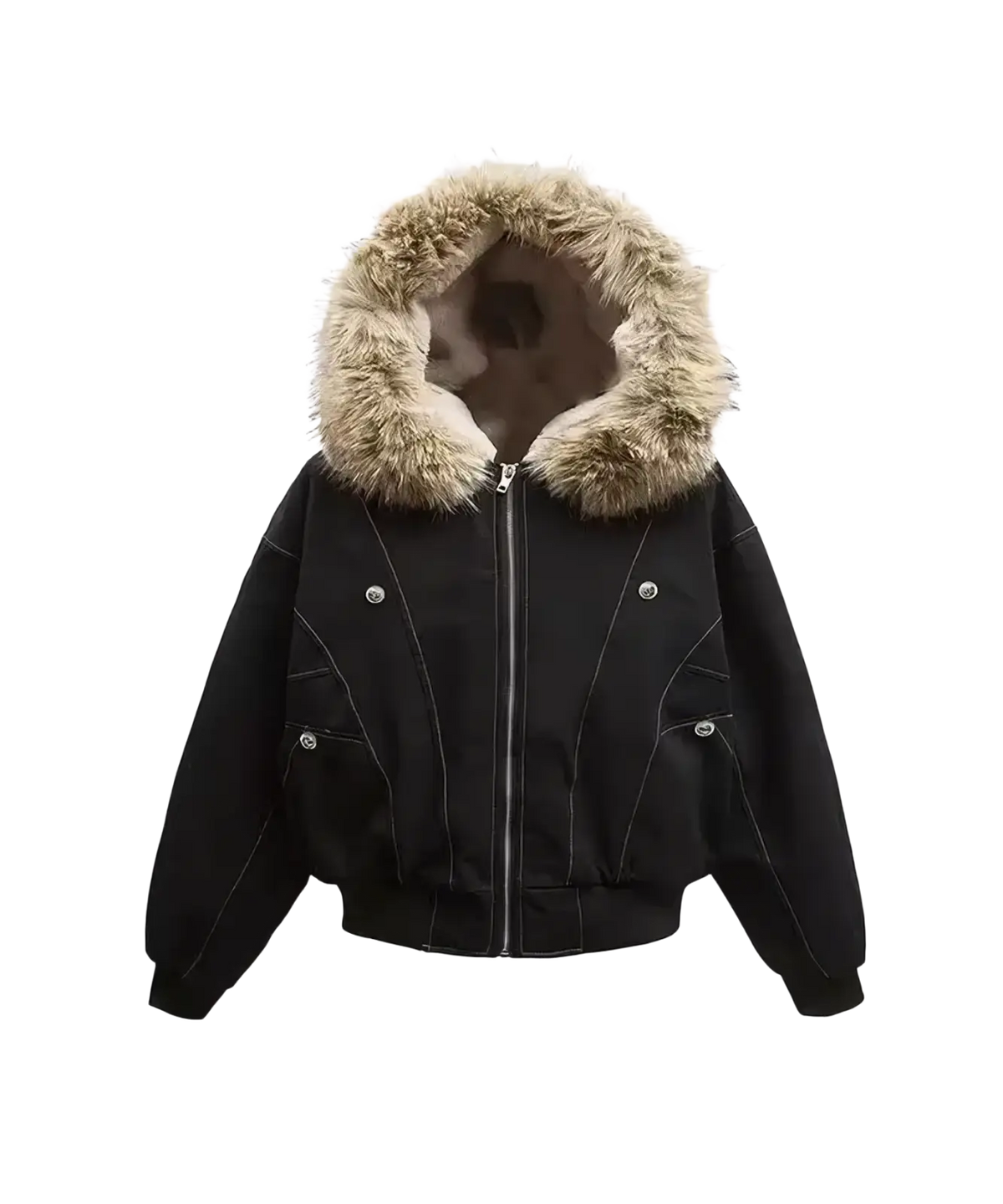 Black denim bomber jacket with plush light brown faux fur lined hood and silver snap buttons y2k winter parka