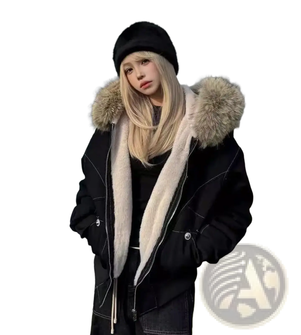 Black y2k faux fur hooded winter parka with cream shearling lining and large fur-trimmed hood for cold weather