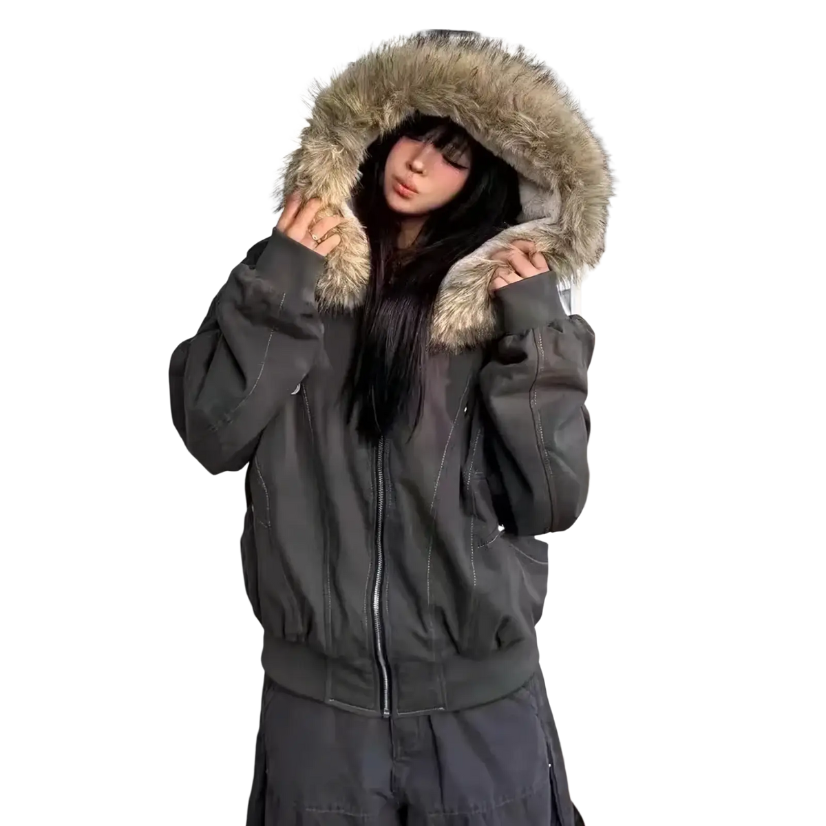 Dark gray y2k faux fur hooded winter parka with plush light brown faux fur hood for cold weather