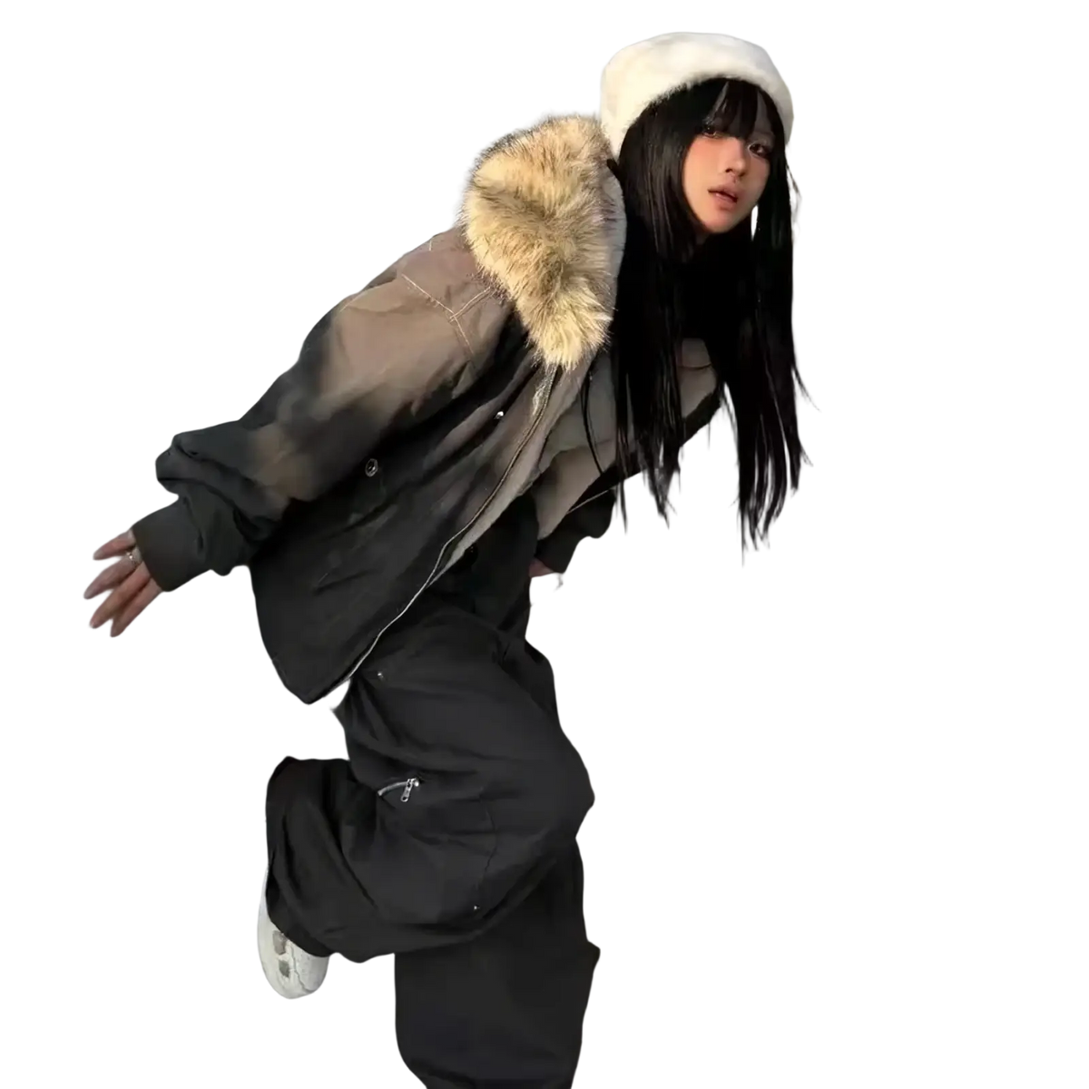 Furry-trimmed beige and black gradient y2k faux fur hooded winter parka designed for cold weather use